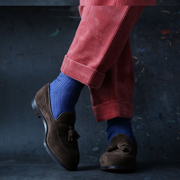 Crockett & Jones Grantham Brown Suede Loafers with Denim Blue Merino Wool Kempt socks 