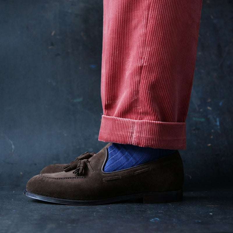 Crockett & Jones Grantham Brown Suede Loafers with Denim Blue Merino Wool Kempt socks 