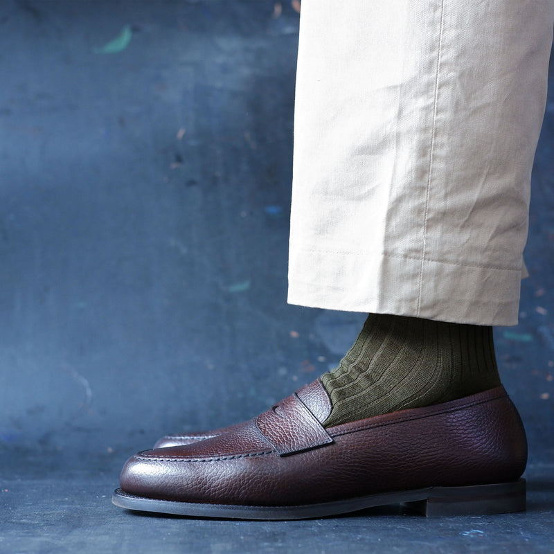 Crockett & Jones pebble grain loafers with Kempt officer green wool socks