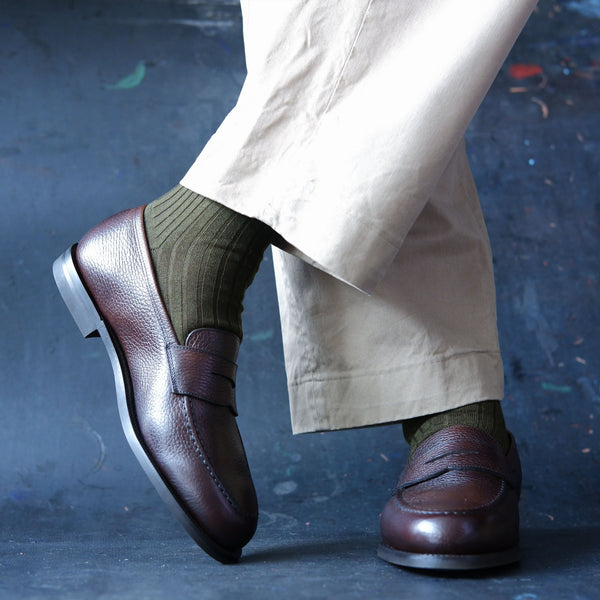 Crockett & Jones pebble grain loafers with Kempt officer green wool socks