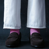 Crockett & Jones Grantham Brown Suede loafers with Kempt pink merino wool socks