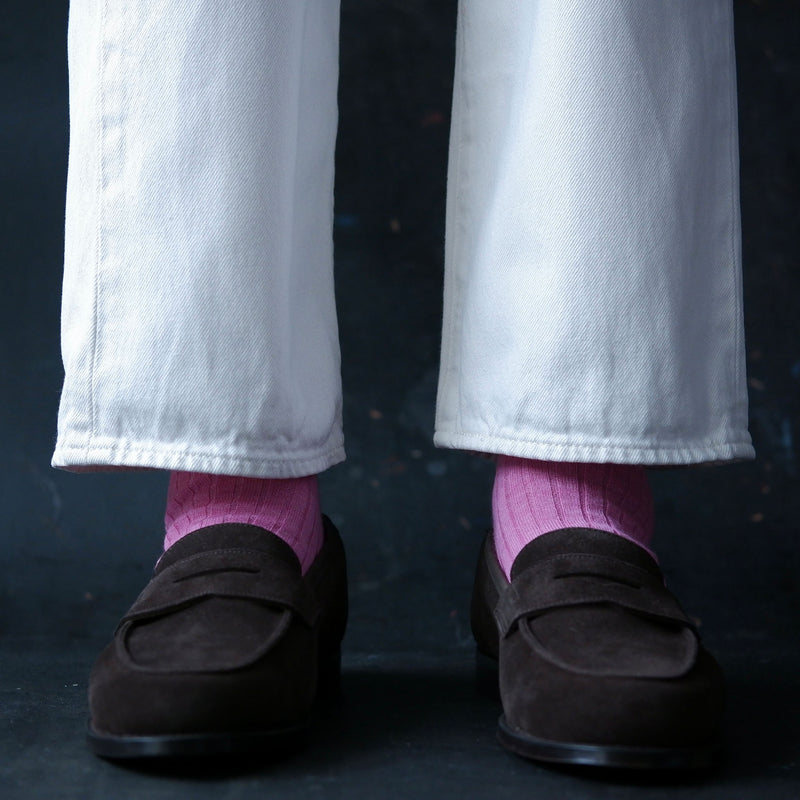 Crockett & Jones Grantham Brown Suede loafers with Kempt pink merino wool socks