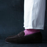 Crockett & Jones Grantham Brown Suede loafers with Kempt pink merino wool socks