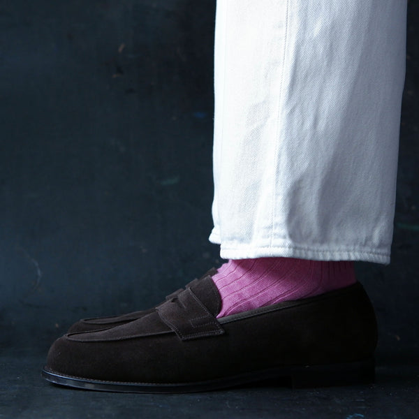Crockett & Jones Grantham Brown Suede loafers with Kempt pink merino wool socks
